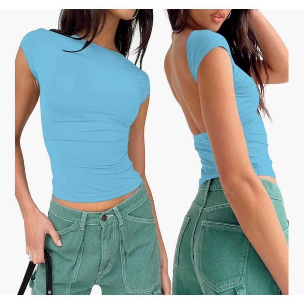 Women's Backless Y2K Short Sleeve Layering Top Tee Tshirt Sz Medium Open Back